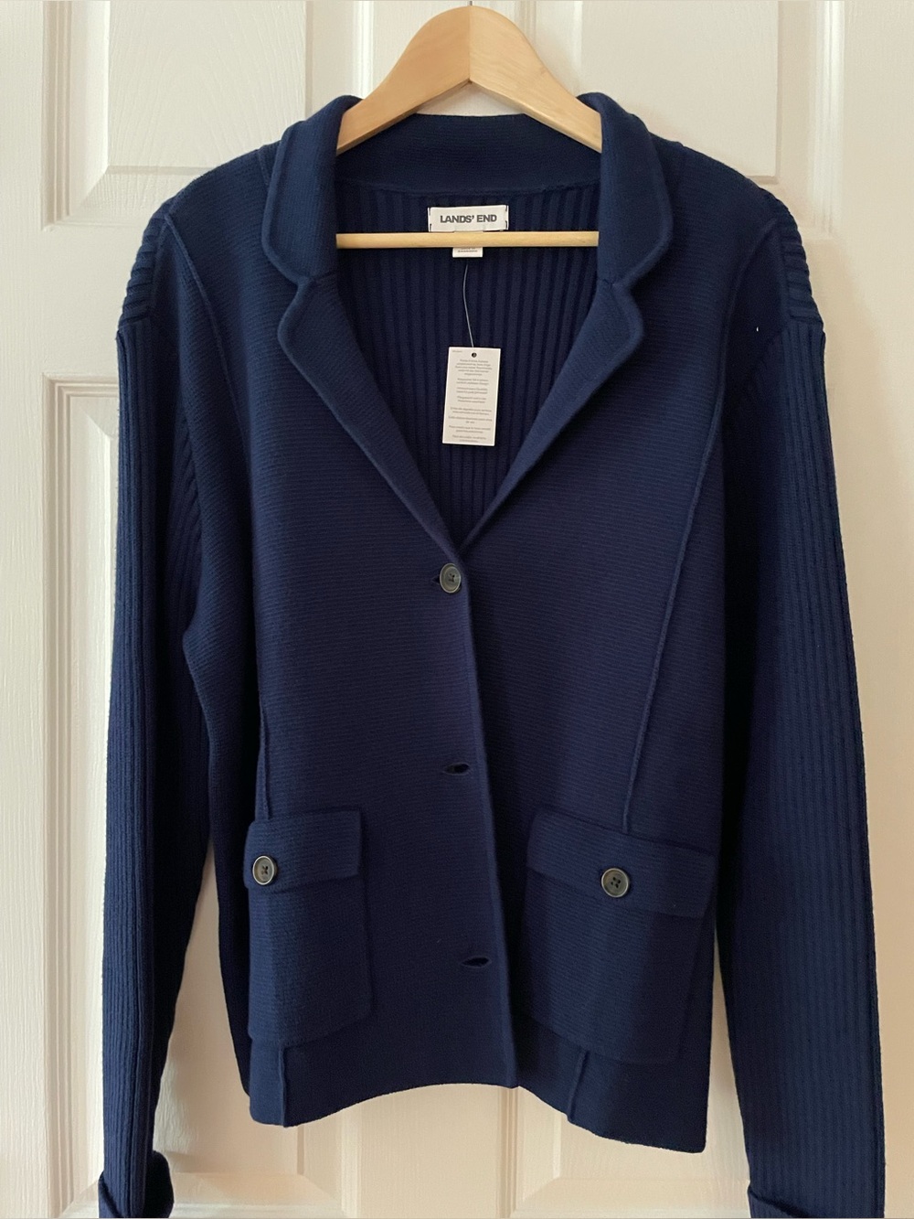 Lands' End Navy Ribbed Knit Cardigan Blazer